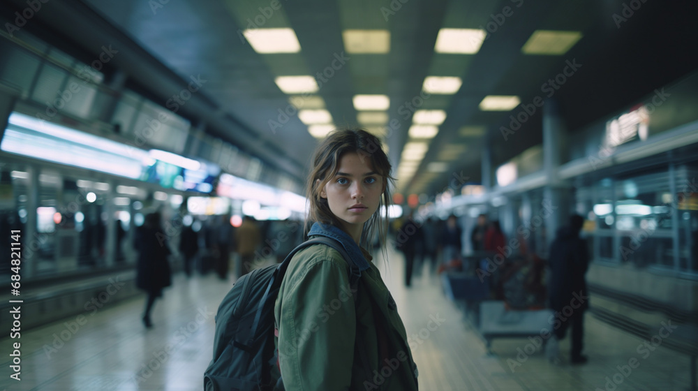 young woman with long dark hair walks through busy airport, confident and purposeful, surrounded by fellow travelers. young woman with long dark hair walks through busy airport, confident and purposeful, surrounded by fellow travelers.