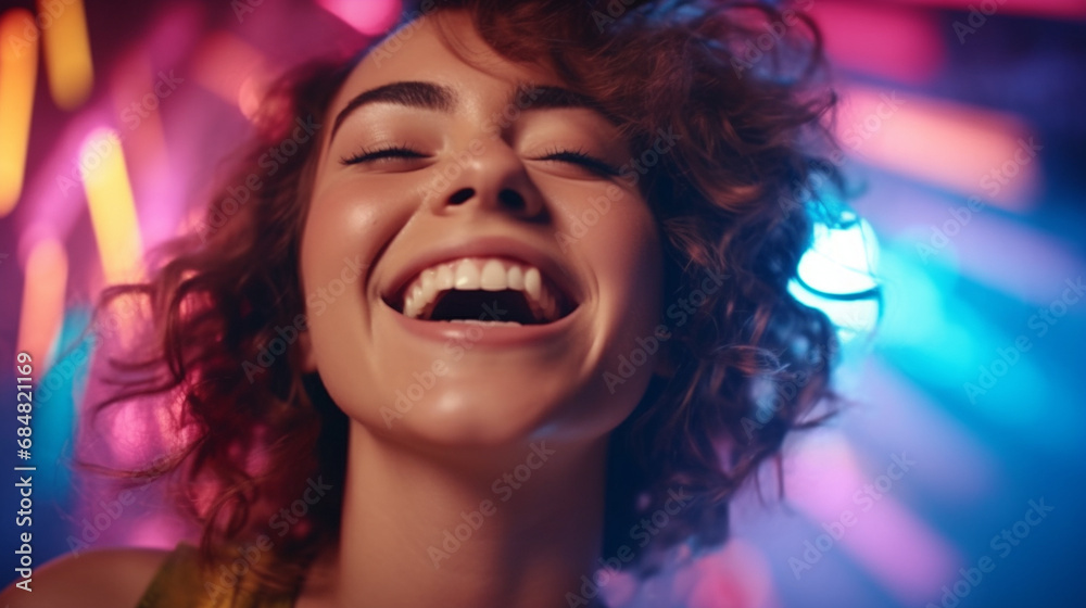 young woman with curly hair smiles and laughs in vibrant setting, enjoying a cheerful and lively moment at a colorful event.