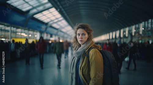 young woman with backpack in crowded train station, contemplating her journey amid bustling environment, neutral expression. fictional location