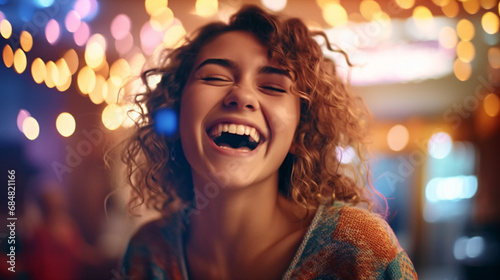 smiling woman in festive room with lights, genuinely enjoying a joyful moment at a party or social gathering.