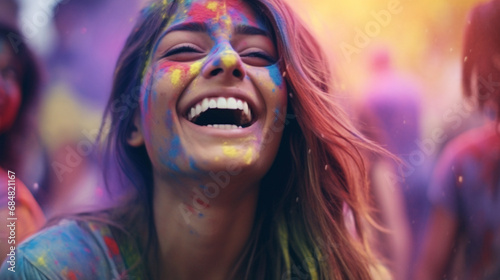 smiling woman in colorful face paint amid festival crowd, enjoying a lively and carefree atmosphere in a vibrant scene. fictional location