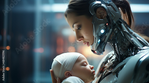 humanoid android robot with artificial intelligence or transhumanism woman half-robot with a baby in her arms photo