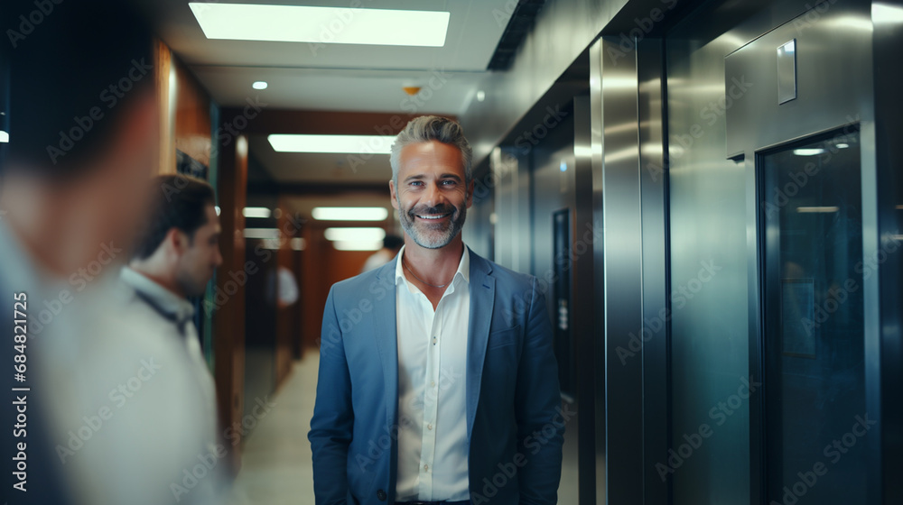 smiling middle-aged man in suit and tie in busy office hallway, positive workplace atmosphere smiling middle-aged man in suit and tie in busy office hallway, positive workplace atmosphere