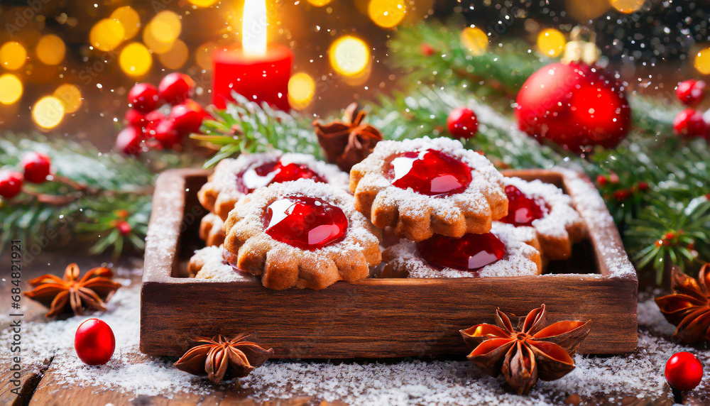 Christmas cookies with jam and icing in a wooden box Christmas cookies with jam and icing in a wooden box