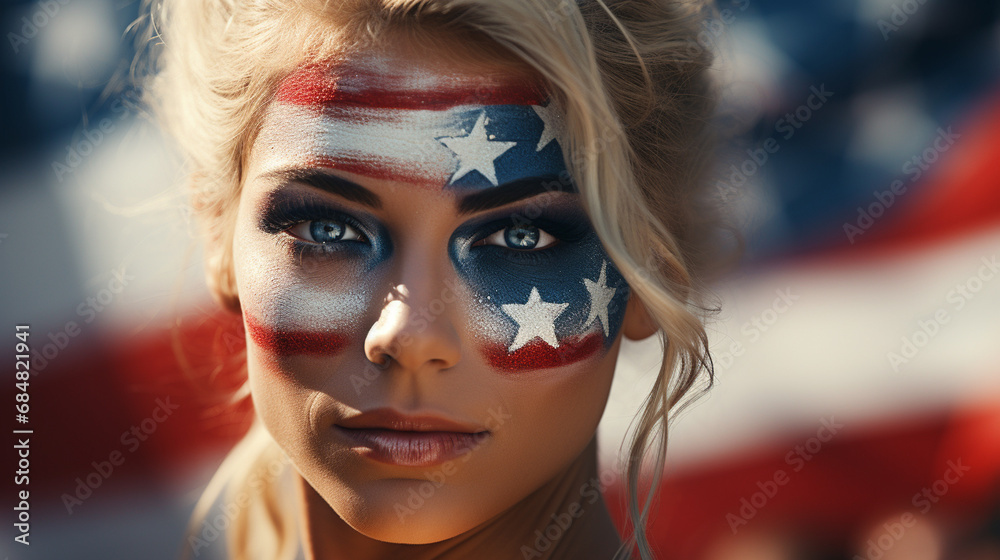 woman with American flag face paint in lively crowd, confident expression, patriotic and prideful atmosphere, fictional location