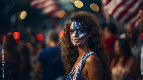 woman with American flag face paint in lively crowd, confident expression, patriotic and prideful atmosphere, fictional location