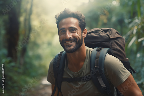 Portrait of a traveling man with a backpack, a smiling tourist on vacation photo