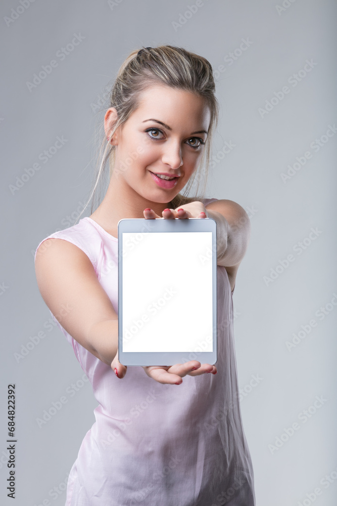 Showcases tablet for tech presentation Showcases tablet for tech presentation