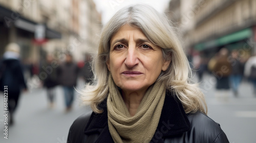 mature woman with white hair in busy city street, stern expression, navigating through crowd, hustle and bustle of city life, fictional location