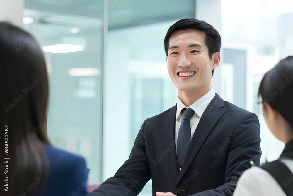 Happy korean business man manager handshaking at office meeting. smiling male hr hiring recruit at job interview. generative AI Happy korean business man manager handshaking at office meeting. smiling male hr hiring recruit at job interview. generative AI
