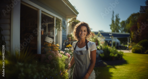 young woman in garden with apron, big smile, holding bunch of flowers, lush and vibrant atmosphere, enjoying time outdoors