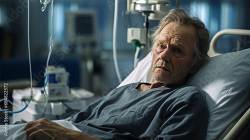 older man in hospital bed  fictional location and reason  sadness tired and depressed