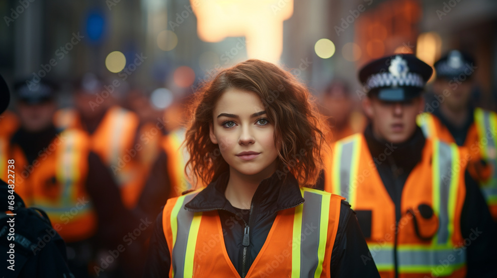 Police officers together and together with a young person protesting or demonstrating and resisting political demands or climate change and climate protection demands, fictitious place