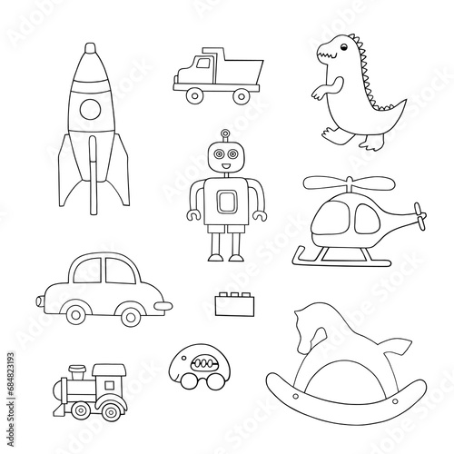 A set of children toys on a white background. Outline drawing. Children theme.