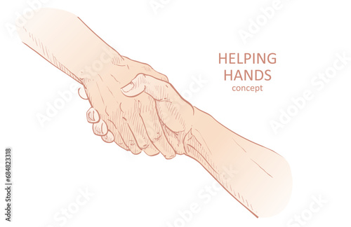Vector Helping hand concept. Gesture, sign of help and hope. Two hands taking each other. Isolated line illustration on white background.