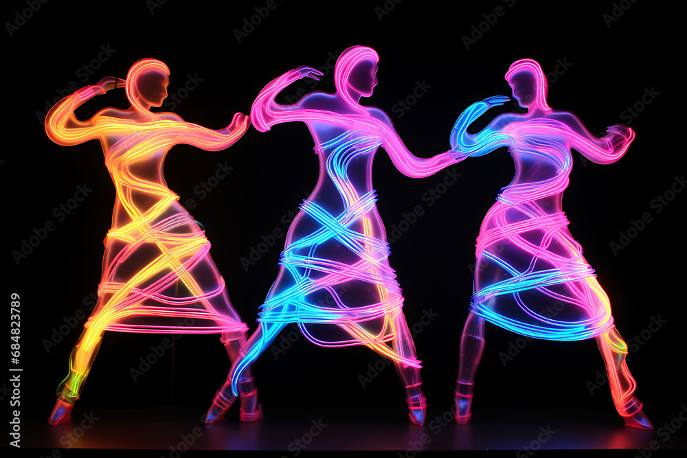 Neon light silhouettes of dancing girls on black background .