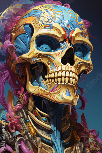 mummy, colorful illustration. close-up decayed skeleton, a skull with empty eye sockets.
