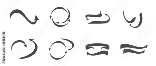 Arrow turning in a circle. Black cursor in a circle. Set of flat round arrows. Vector icons.