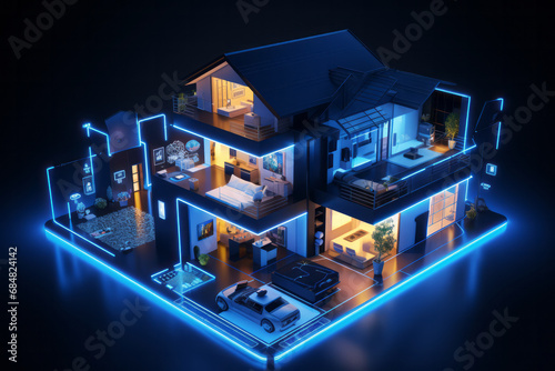 A cross-section of a modern smart home with illuminated blue outlines showcasing various technology-equipped rooms and a car in the garage