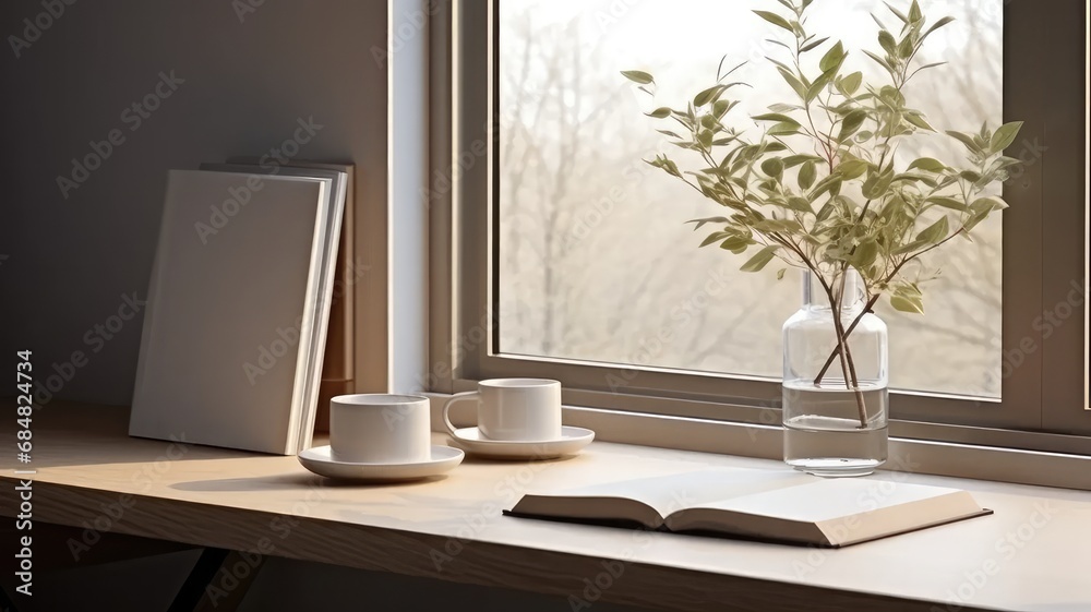 a breakfast still life on a wooden table in a minimalist home office, a cup of coffee, books, an empty photo frame mockup, and a vase with olive branches. a breakfast still life on a wooden table in a minimalist home office, a cup of coffee, books, an empty photo frame mockup, and a vase with olive branches.