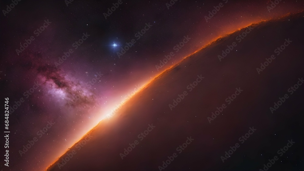 fantasy image of space. View on the edge of a planet with stars and bright lights far away. AI Generated