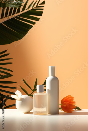Mockup of different packaging for cosmetic products on orange background. Creative packaging branding template for premium skin care product, assortment of products with copy space.
