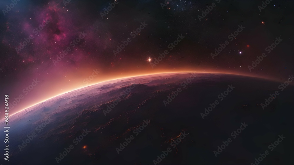 fantasy image of space. View on the edge of a planet with stars and bright lights far away. AI Generated
