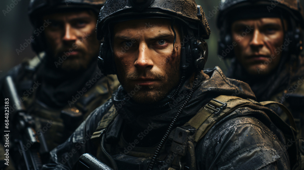 soldiers at war, three warriors in a helmet. military profession. portrait of a man in battle.