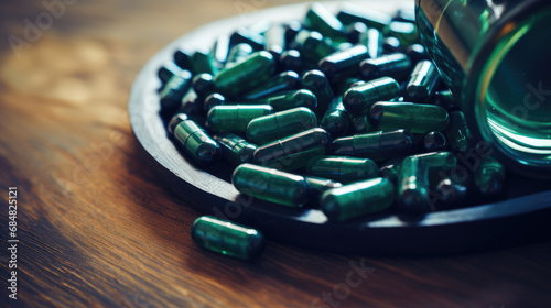 Top view of green spirulina pressed in pills powder, biological natural supplement for immunity and health. Spirulina lowers cholesterol and blood pressure, copy space. 