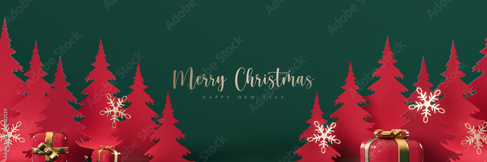 Red paper cut out pine trees with Merry Christmas text and decoration on green background. Christmas greeting card design. 3D Rendering, 3D Illustration Red paper cut out pine trees with Merry Christmas text and decoration on green background. Christmas greeting card design. 3D Rendering, 3D Illustration