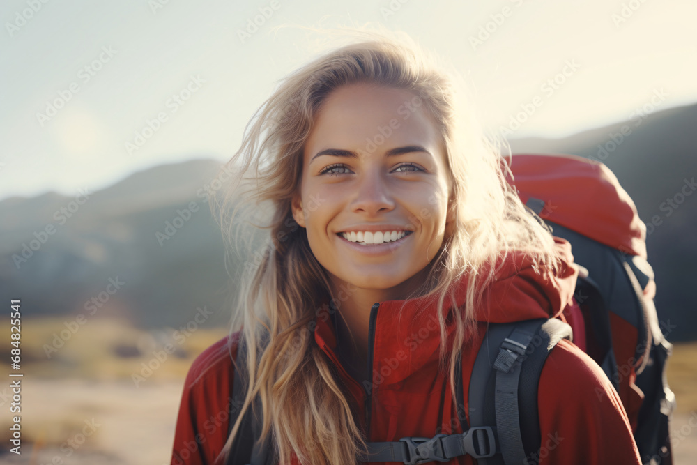 Portrait of a female traveler with a backpack, backpacker tourist on an adventure