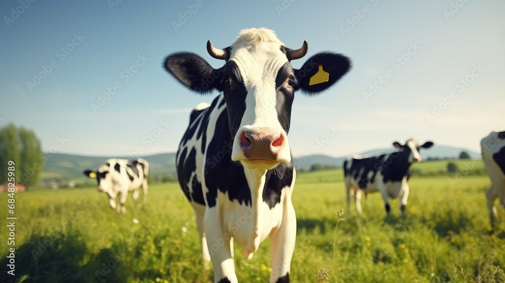 Black white cow in a field, close-up. AI generated.