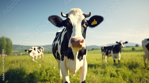 Black white cow in a field, close-up. AI generated.