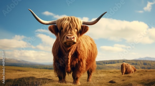 Scottish Highland Red Longhair cow close up. AI generated.