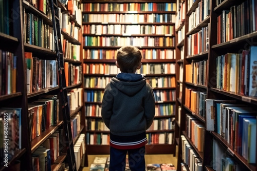 A child looking attentively at the books in a bookstore, library. interested in reading,back to school concept
