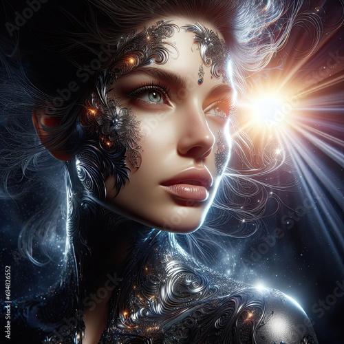 Portrait d'une très belle jeune femme dans un environnement futuriste.