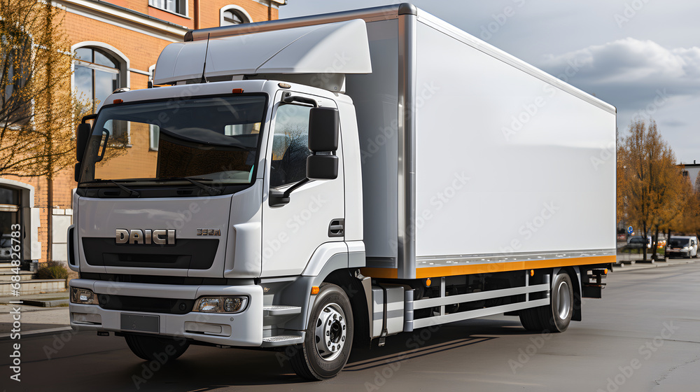 A white truck with a white box on the side. A white truck with a white box on the side.