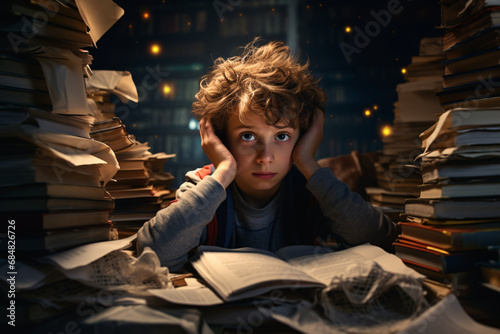 A young boy surrounded by papers and books overwhelmed by homework