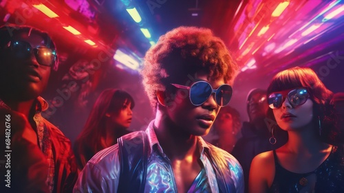 People in a disco with blue sunglasses retro style created with Generative AI
