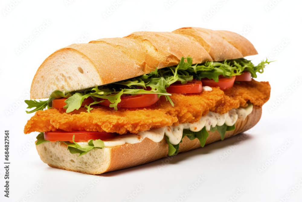A German schnitzel sandwich side view isolated on white background A German schnitzel sandwich side view isolated on white background