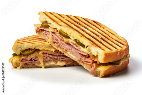 A classic Cuban sandwich side view isolated on white background 