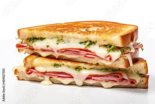 A gourmet French croque-monsieur sandwich side view isolated on white background 
