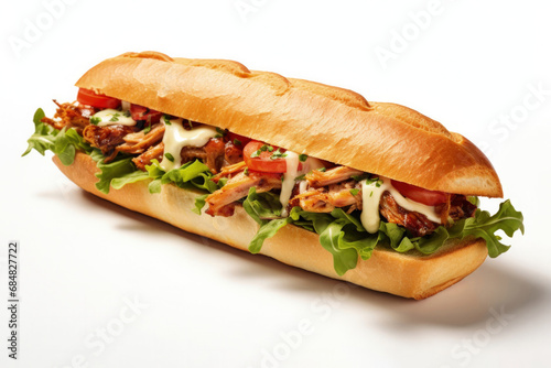 An Italian porchetta sandwich side view isolated on white background 