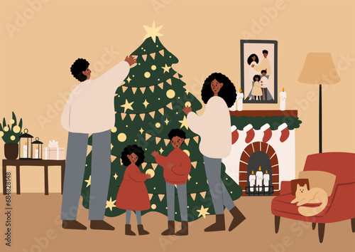 Merry Christmas cards with family decorating Christmas tree, character giving presents printable poster, children opening gifts print, Flat style vector illustration clipart, digital download.