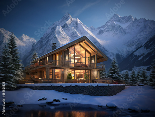 A picturesque view of Alpine lodges nestled in the mountains, radiating a warm and inviting atmosphere.
