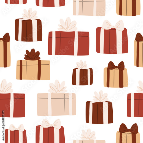 Merry Christmas seamless pattern, family decorating Christmas tree digital paper, presents gifts scrapbook paper, diverse character background, xmas vector illustration clipart, flat style images.