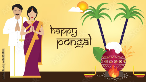 Happy Pongal wishes greeting vector illustration. 
Thai Pongal festival is a multi-day Hindu harvest festival celebrated by Tamils all over the world photo