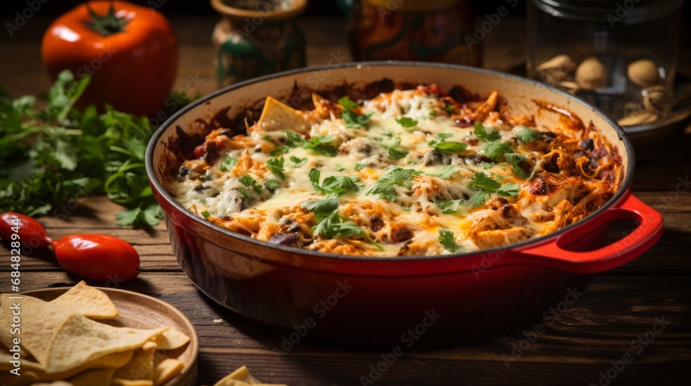 chicken tortilla casserole in a red ceramci baking dish with chicken, tortillas, black beans, cheese and redn and green salsa, copy space, 16:9