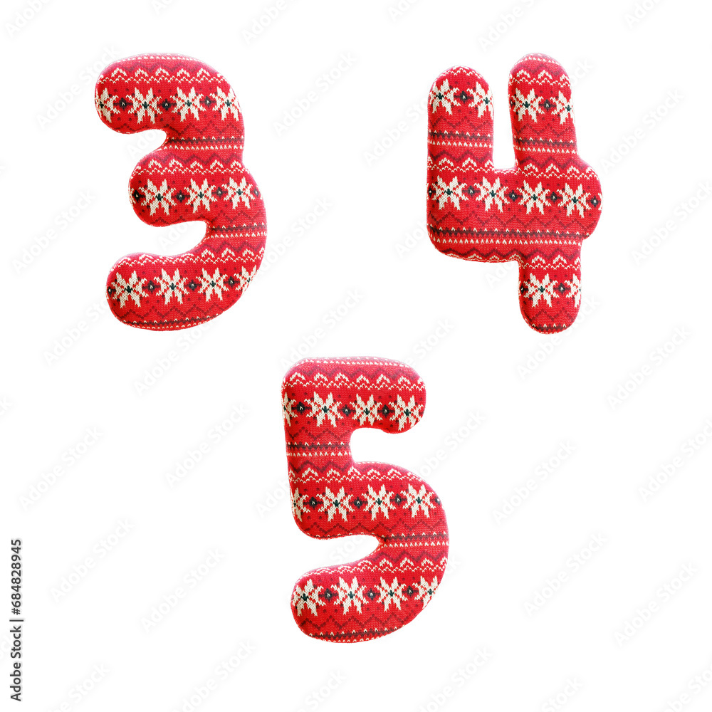 3D rendering of Knitted christmas fabric alphabet - digits 3-5 3D rendering of Knitted christmas fabric alphabet - digits 3-5