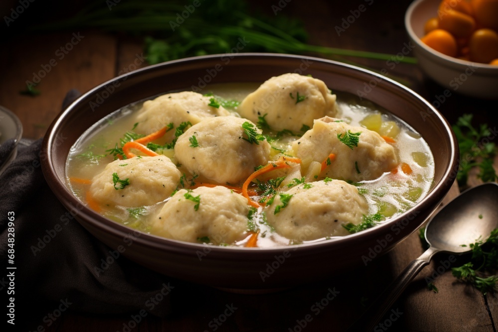 A bowl of comforting chicken and dumpling soup with tender chicken and fluffy dumplings. A bowl of comforting chicken and dumpling soup with tender chicken and fluffy dumplings.